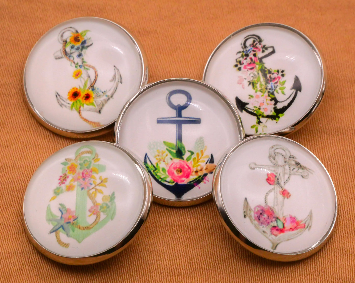 Anchor Flower Design Glass Silver Metal Set of Five Buttons Various 20mm