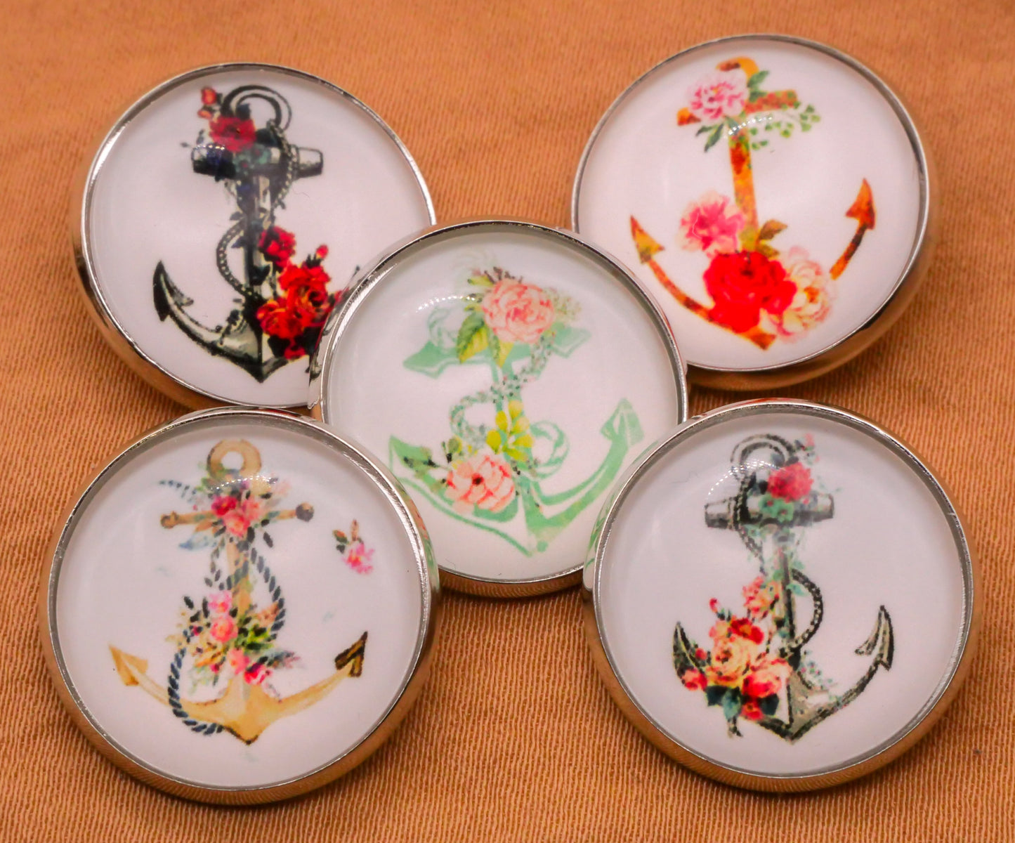 Anchor Flower Design Glass Silver Metal Set of Five Buttons Various 20mm