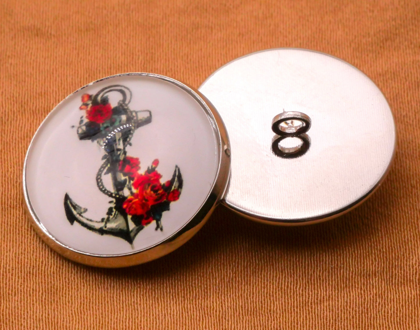 Anchor Flower Design Glass Silver Metal Set of Five Buttons Various 20mm