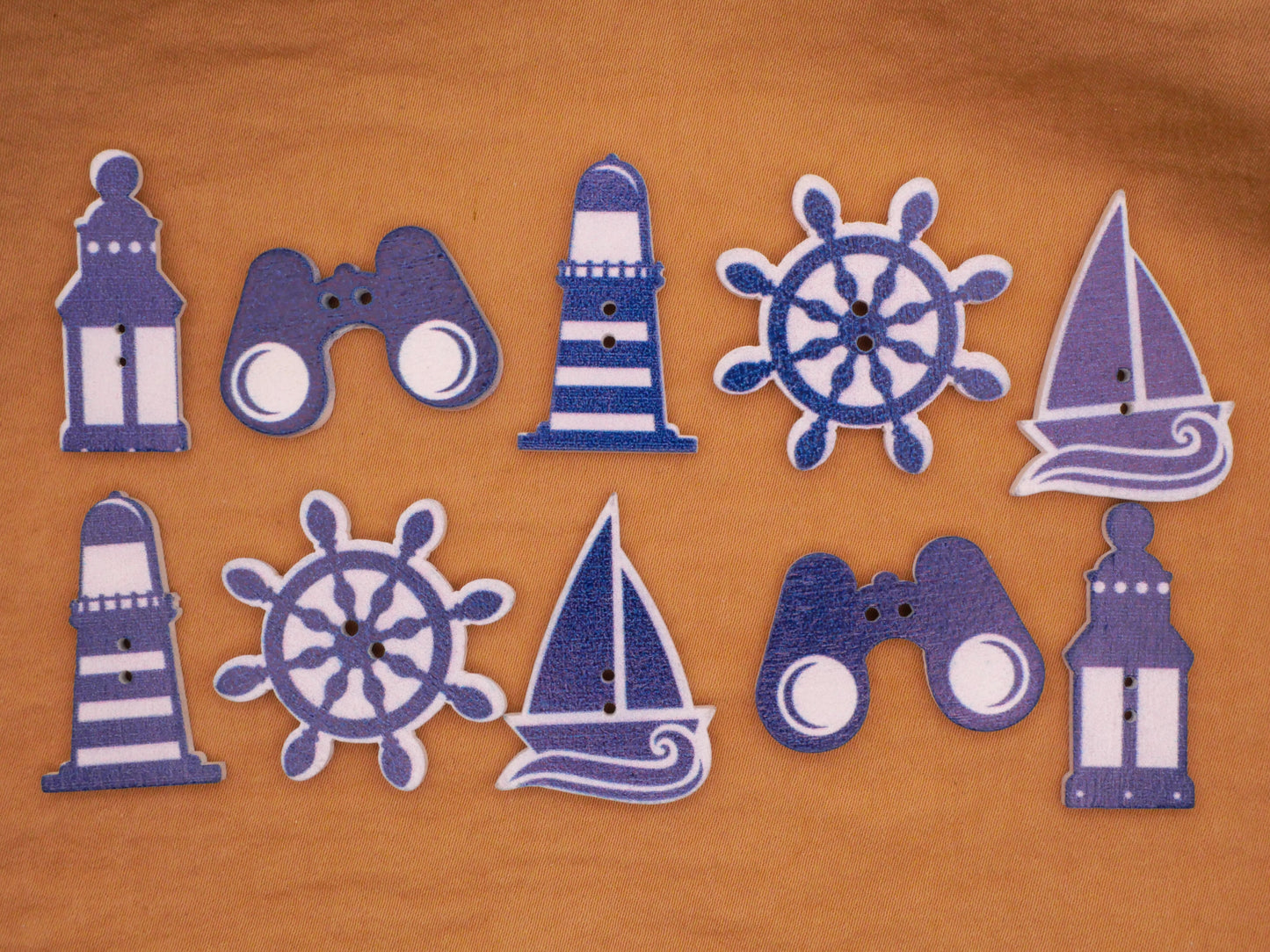 Coastal Nautical Theme Blue White Wood Assorted Set of Ten Buttons 13-30mm