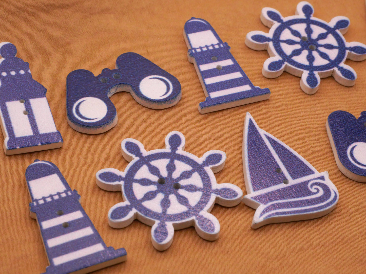 Coastal Nautical Theme Blue White Wood Assorted Set of Ten Buttons 13-30mm