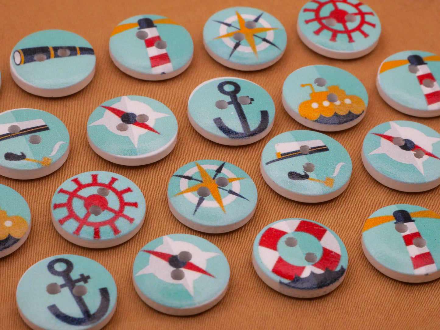Nautical Aqua Red Yellow Blue Wood Assorted Set of Twenty Buttons 15mm