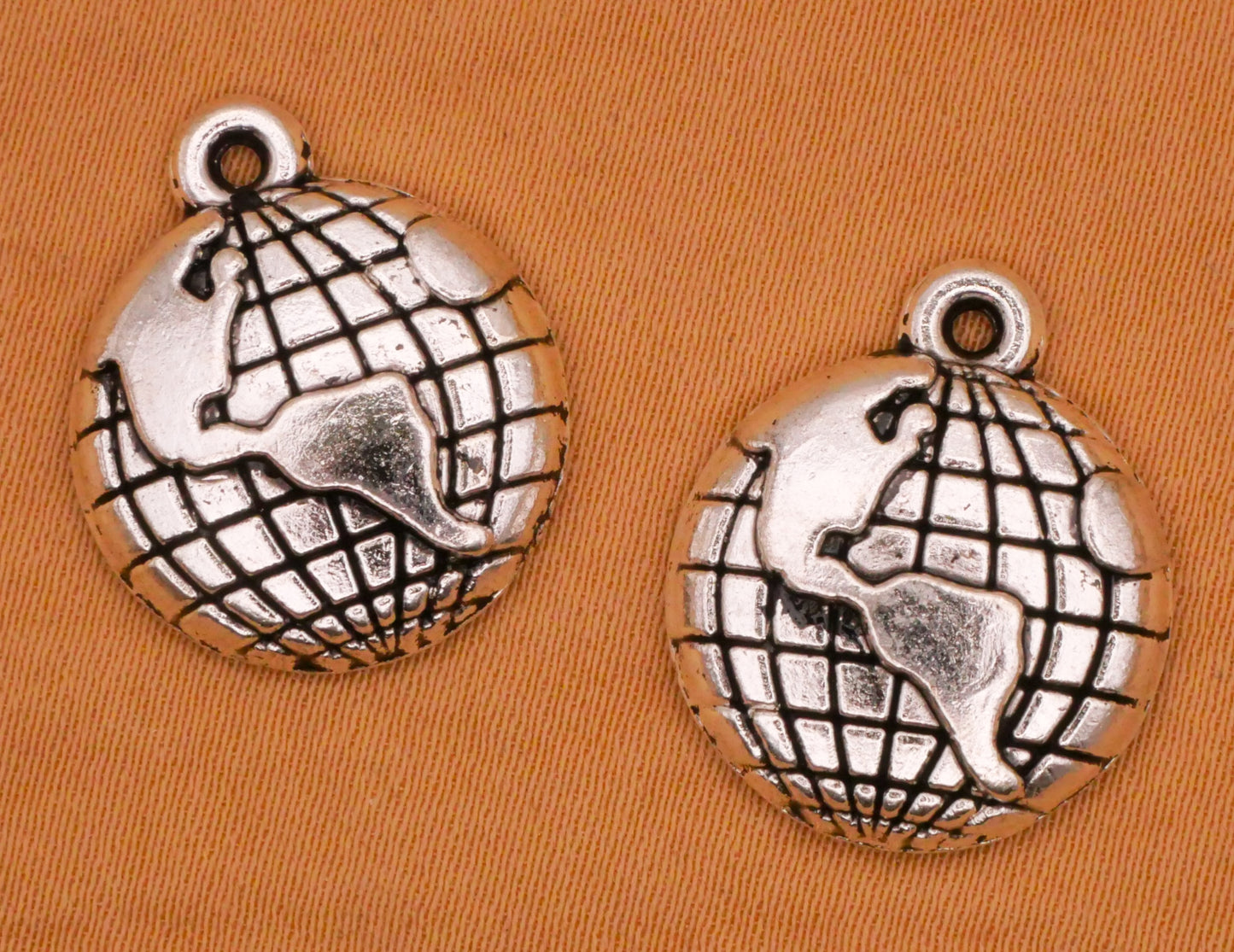 Earth Globe Grid Silver Metal Pair of Charms Embellishments 16x20mm