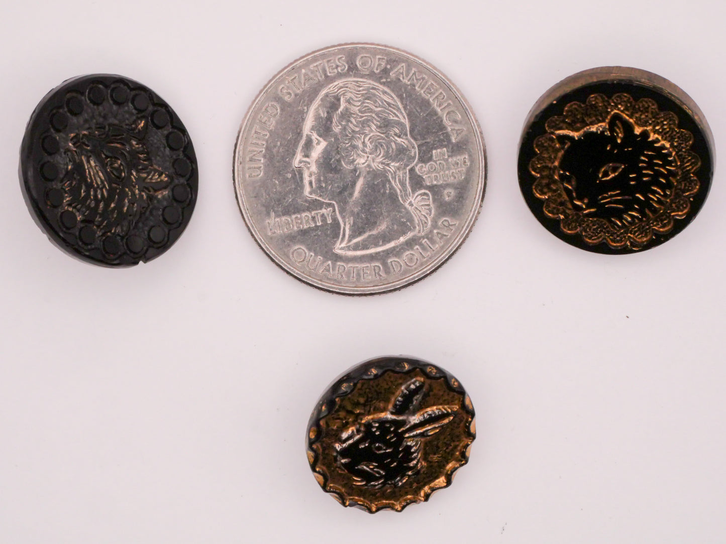Cat or Bunny Rabbit Mirror Finish Luster Black Glass Antique Button Various 16-18mm