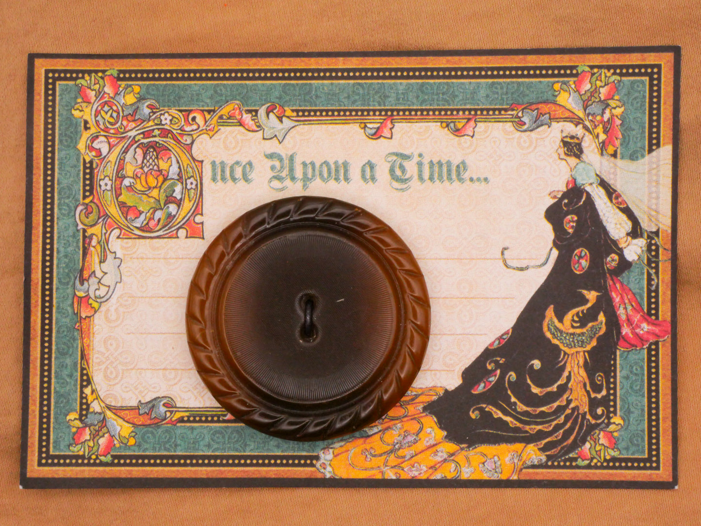 Once Upon A Time Brown Celluloid Early Plastic Large Carded Button 38mm