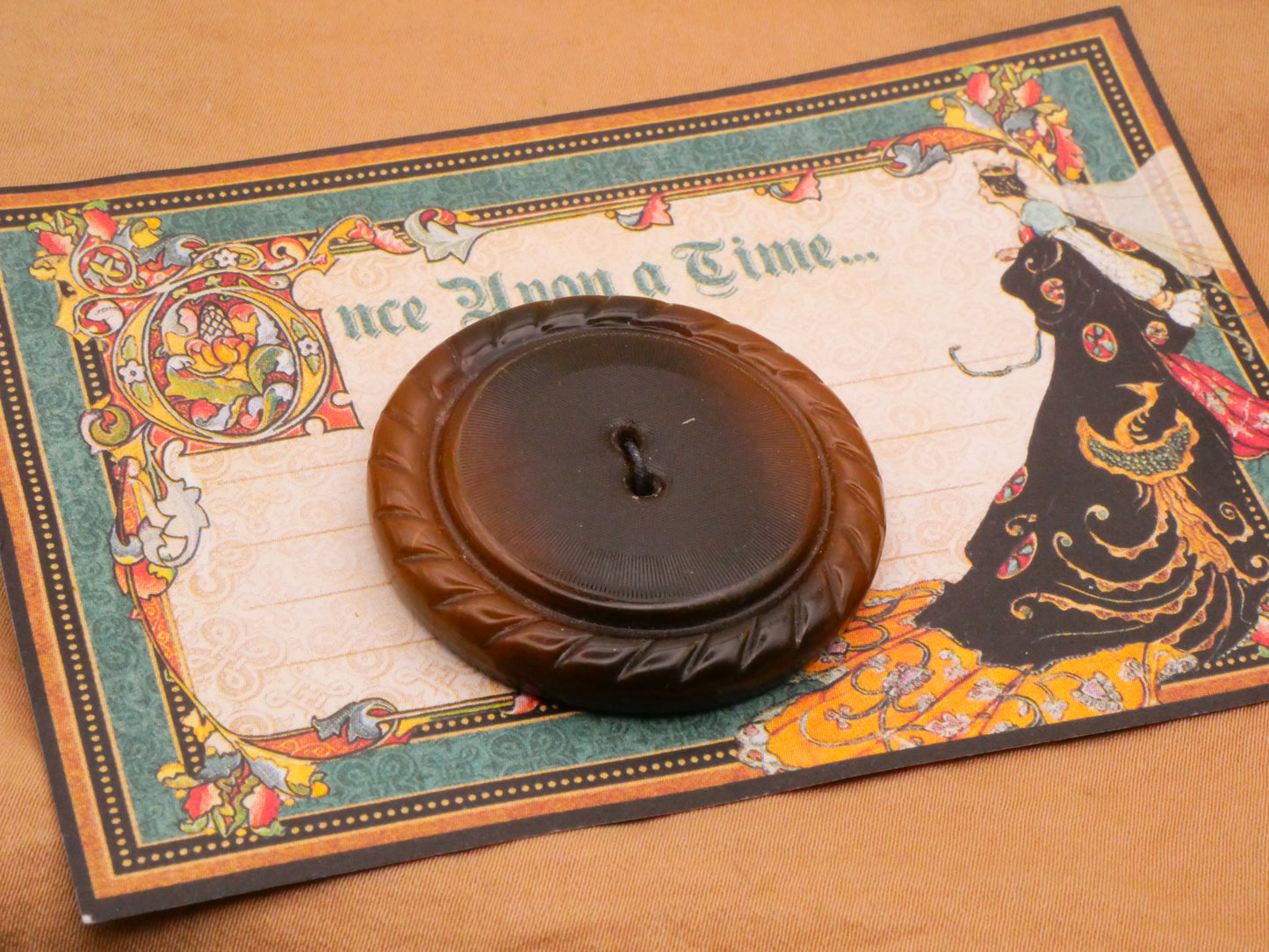 Once Upon A Time Brown Celluloid Early Plastic Large Carded Button 38mm