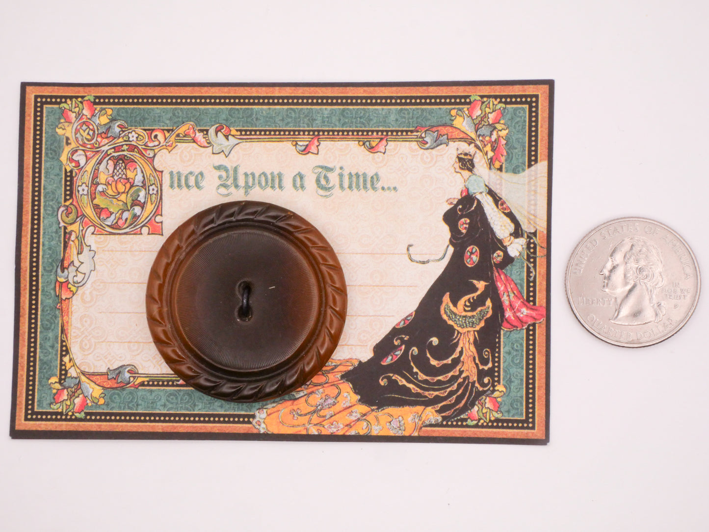 Once Upon A Time Brown Celluloid Early Plastic Large Carded Button 38mm