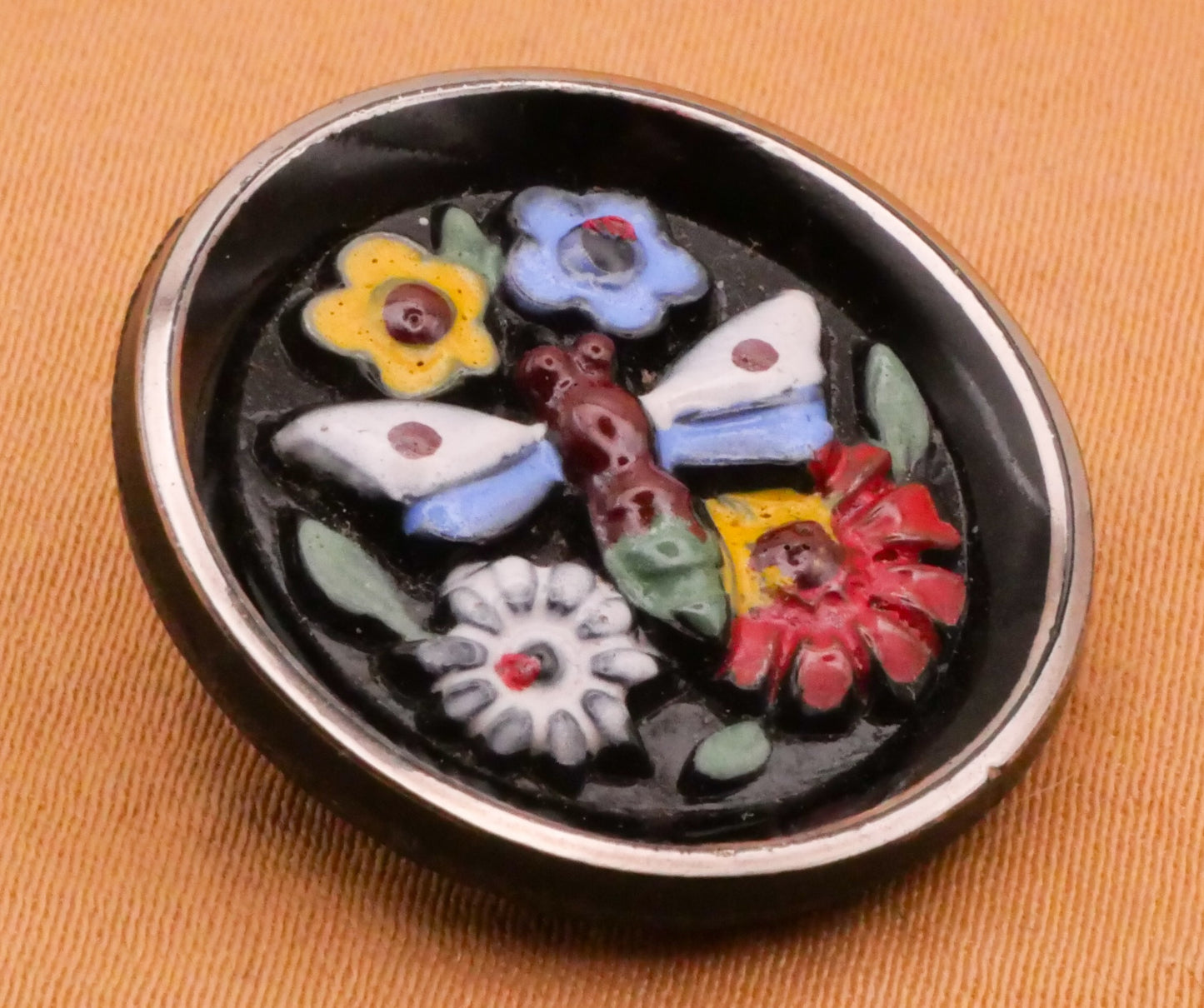 Butterfly Flowers Hand-Painted Black Glass Vintage Button 23mm