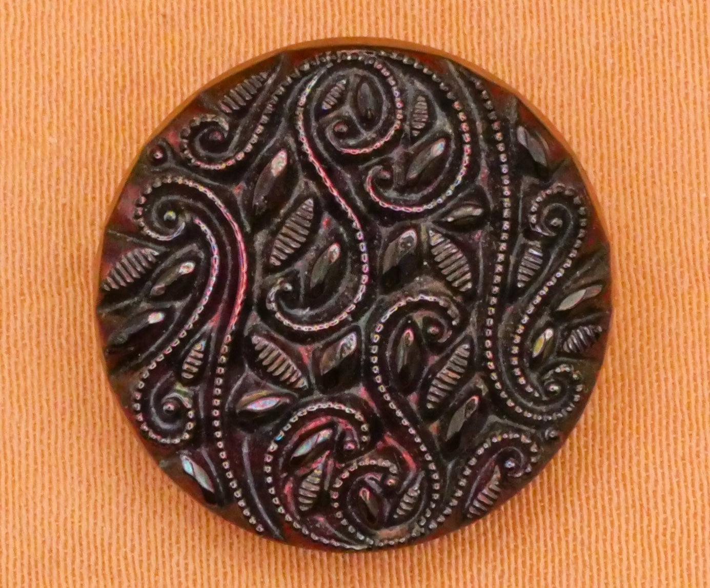 Leaf Scroll Red Purple Tint Luster Black Vintage Glass Button 18mm
