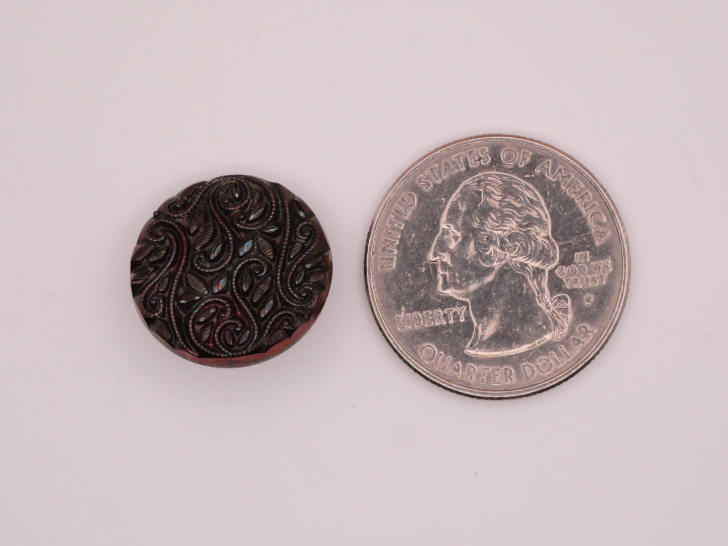 Leaf Scroll Red Purple Tint Luster Black Vintage Glass Button 18mm