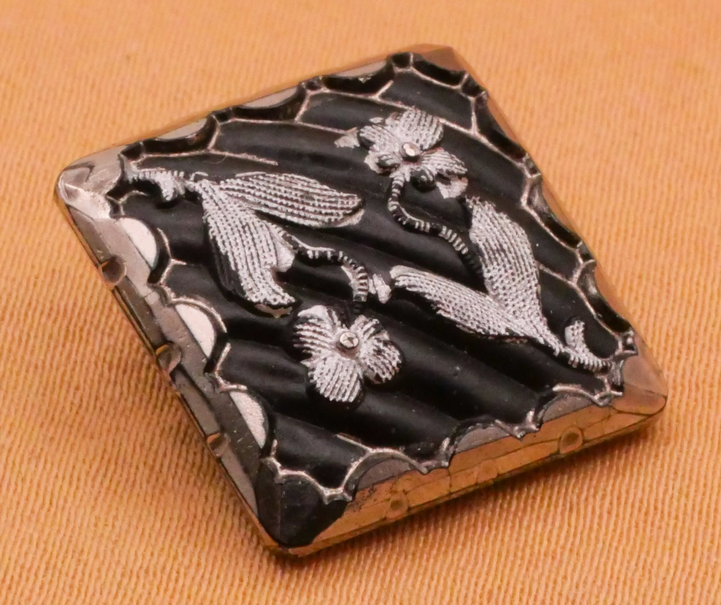 Flower Scallop Edge Square Black Glass Button 17mm