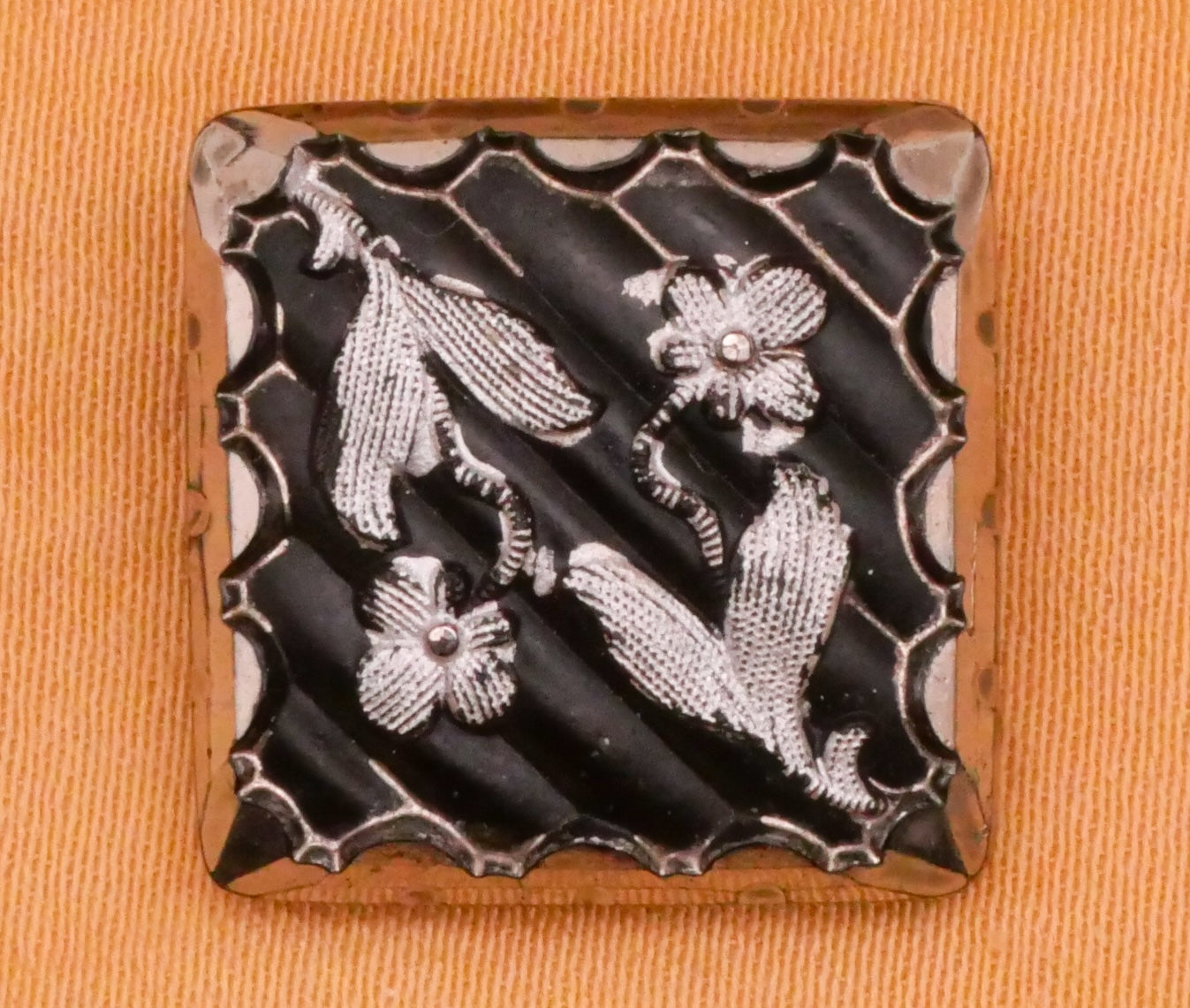 Flower Scallop Edge Square Black Glass Button 17mm