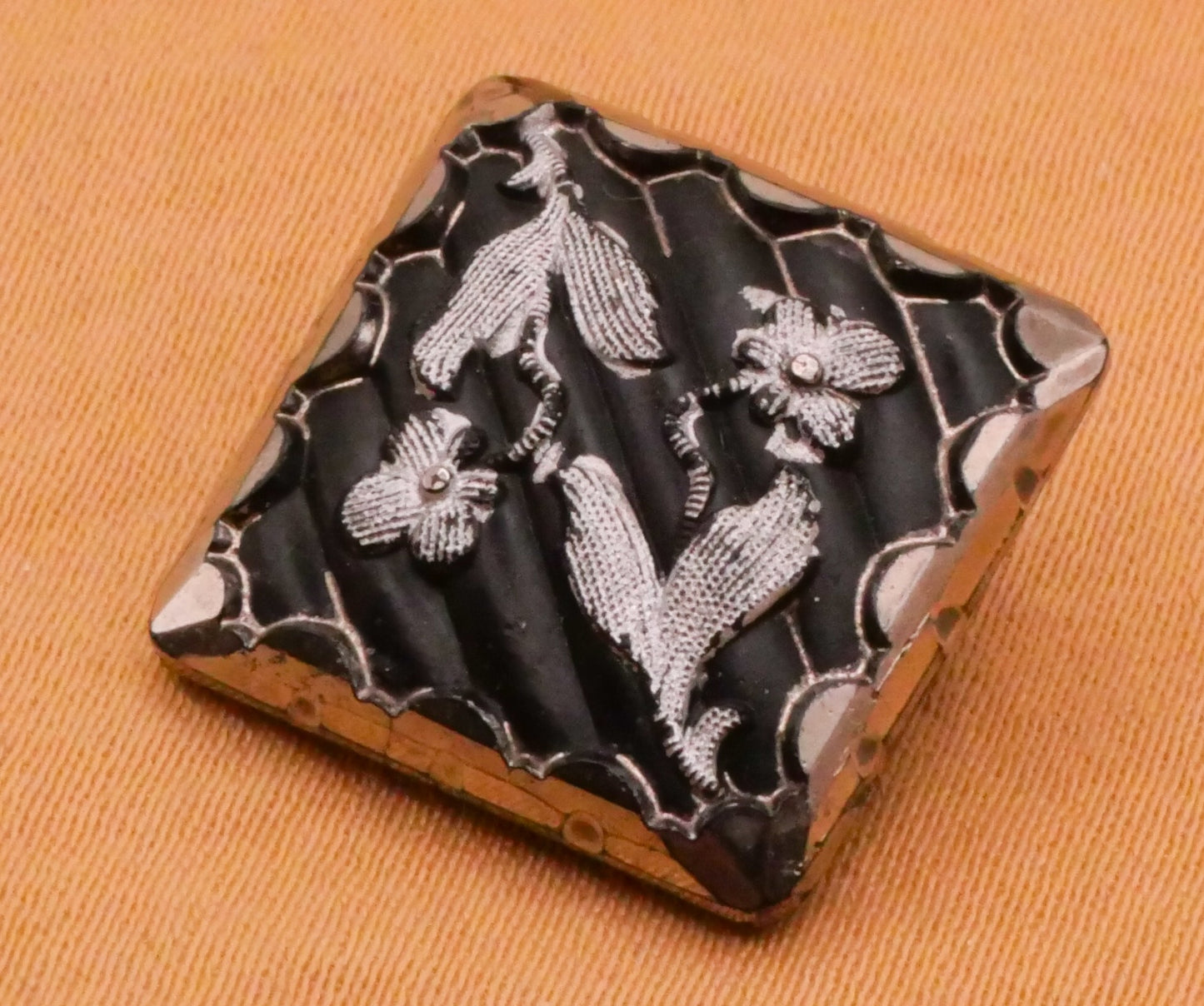 Flower Scallop Edge Square Black Glass Button 17mm