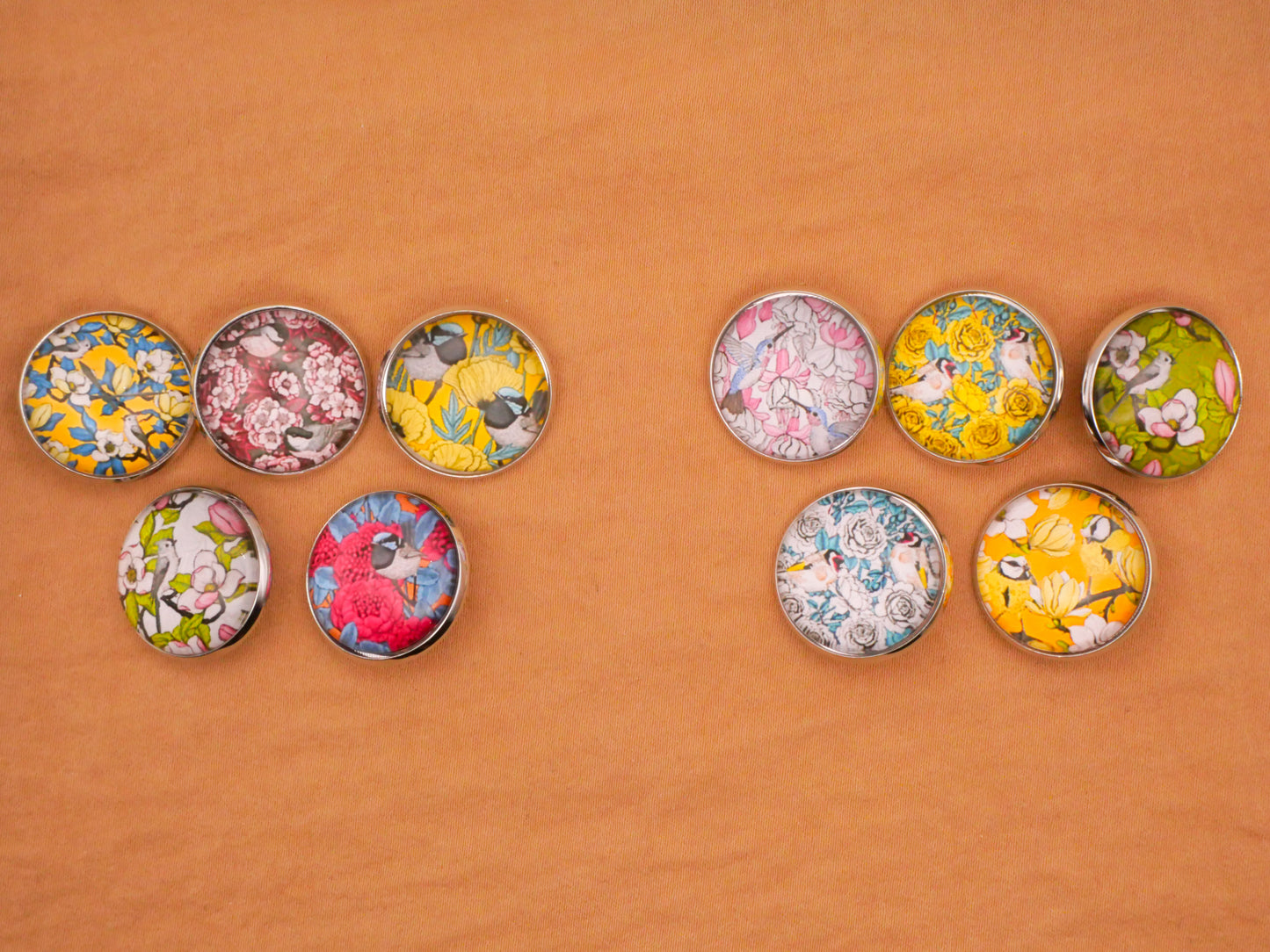 Bird Flowers Illustration Glass Silver Metal Set of Five Buttons Various 20mm