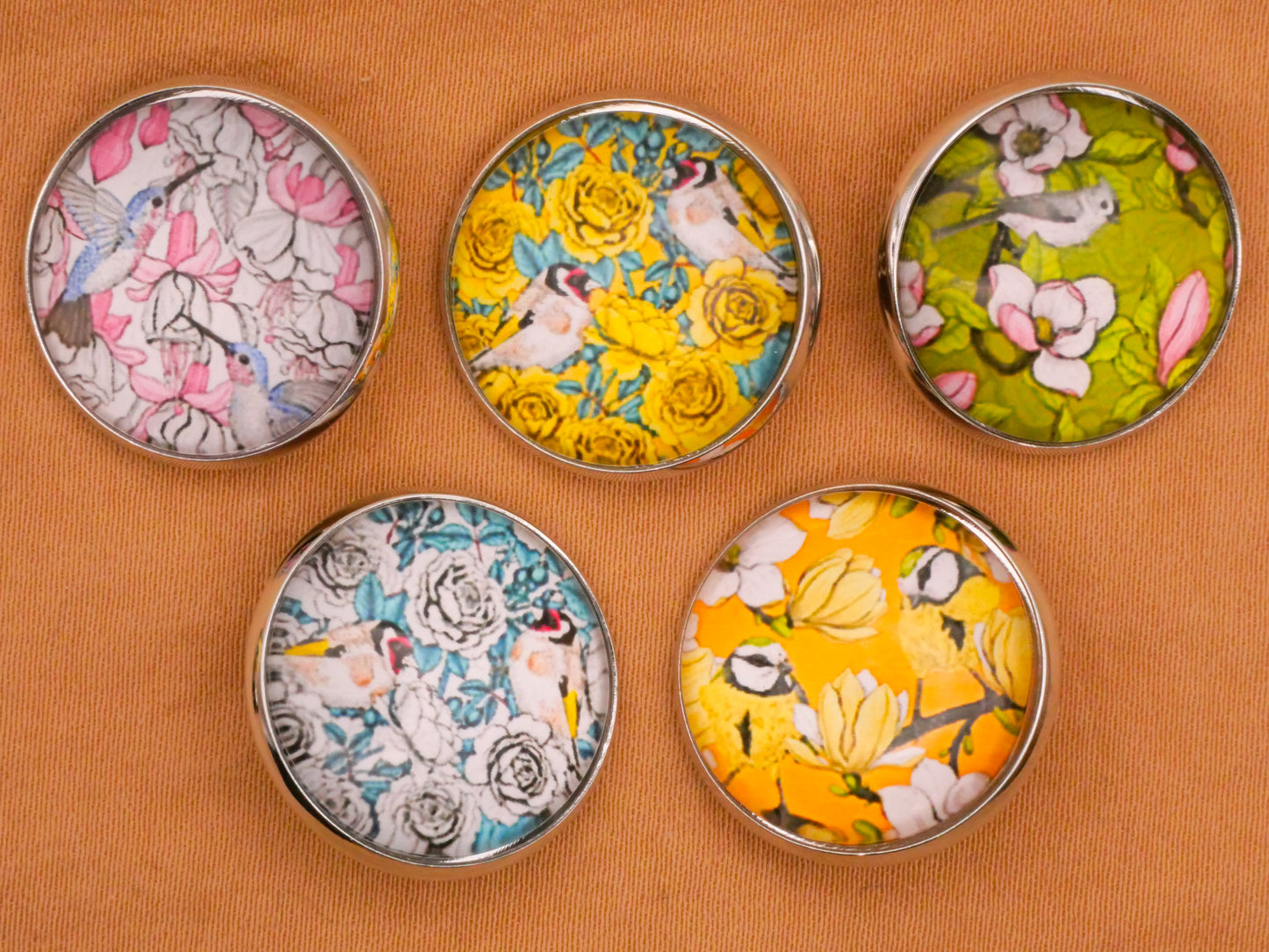 Bird Flowers Illustration Glass Silver Metal Set of Five Buttons Various 20mm