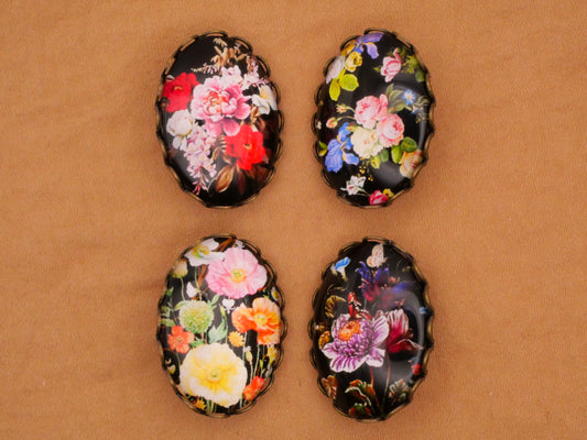 Flower Bouquet Dark Moody Glass Metal Oval Button Various 19x26mm