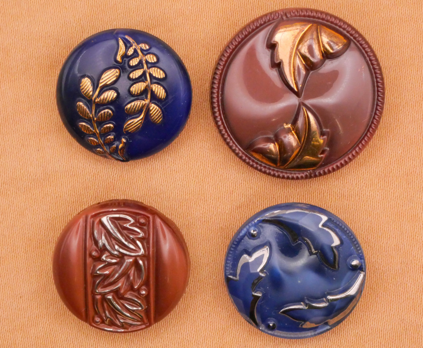 Leaf Leaves Blue or Brown Vintage Glass Button Various 18-23mm