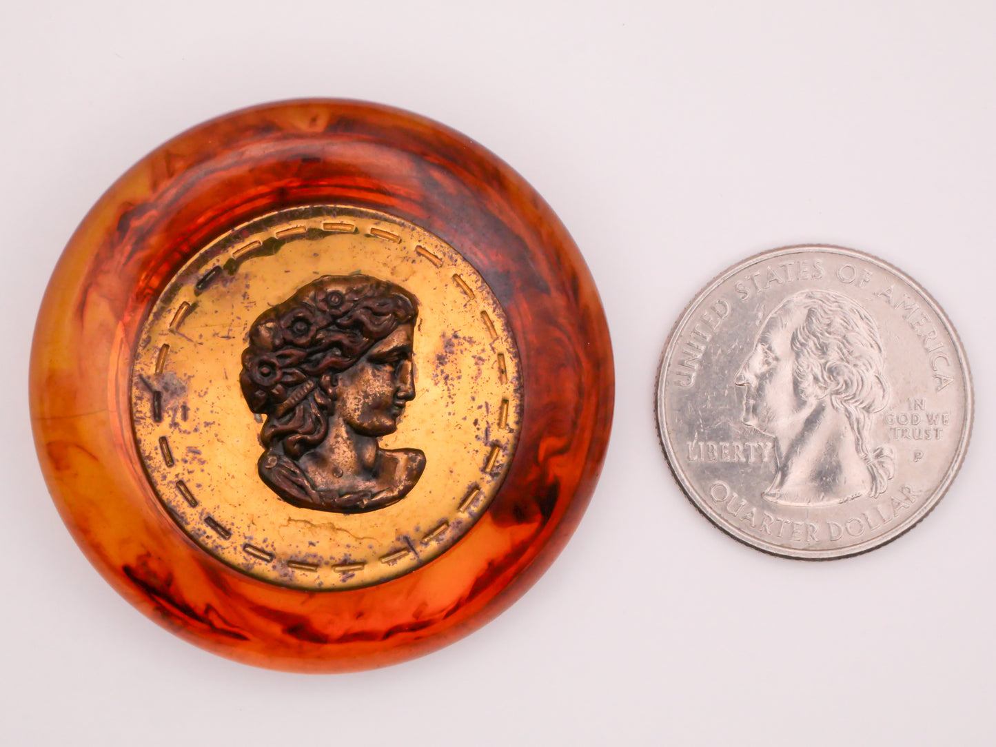 Portrait Lady Metal Center Root Beer Bakelite Early Plastic Large Button 43mm