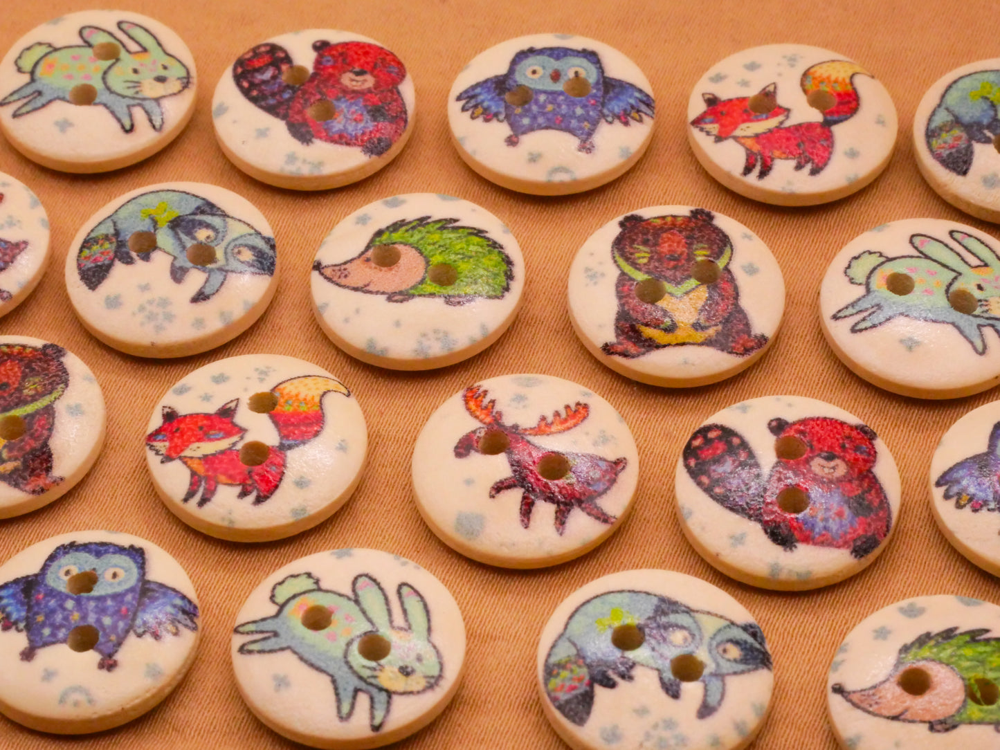 Woodland Creatures Animals Wood Assorted Set of Twenty Buttons 15mm
