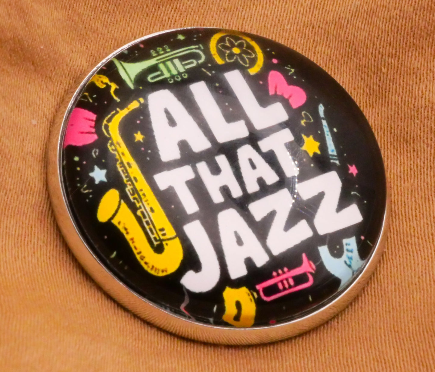 All That Jazz Music Instruments Verbal Glass Silver Metal Button 27mm
