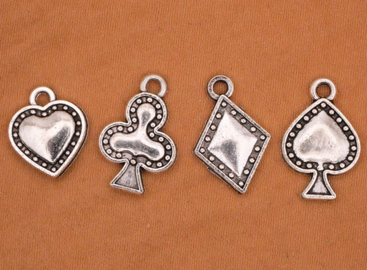 Suits Playing Cards Silver Metal Set of Four Charms Embellishments 12-15mm