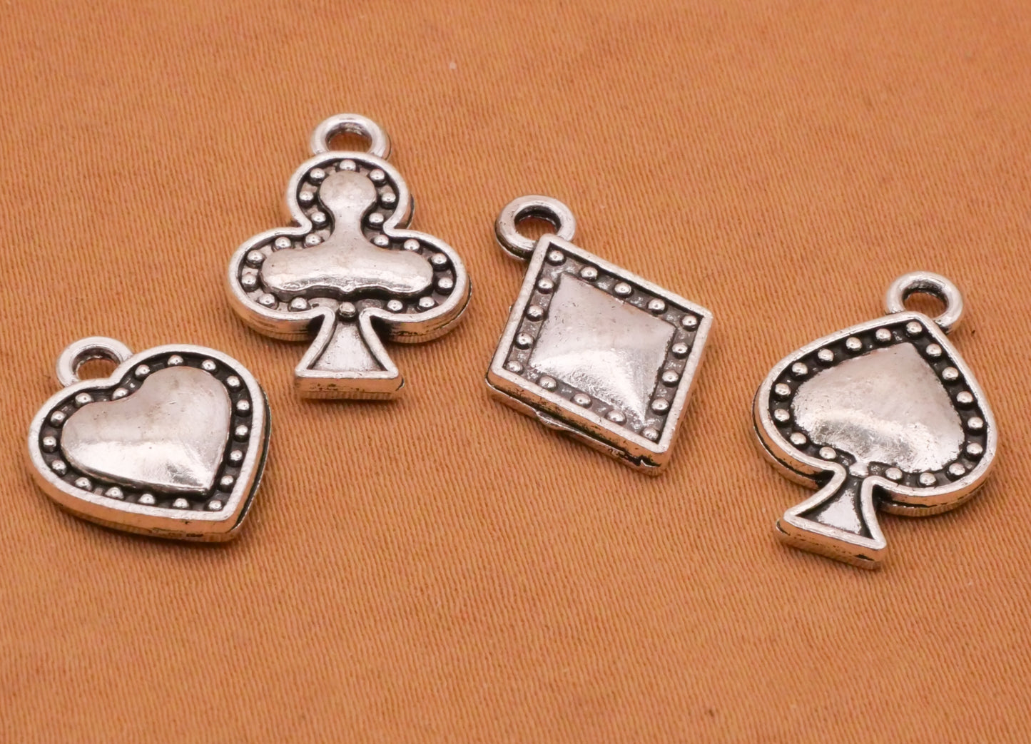 Suits Playing Cards Silver Metal Set of Four Charms Embellishments 12-15mm