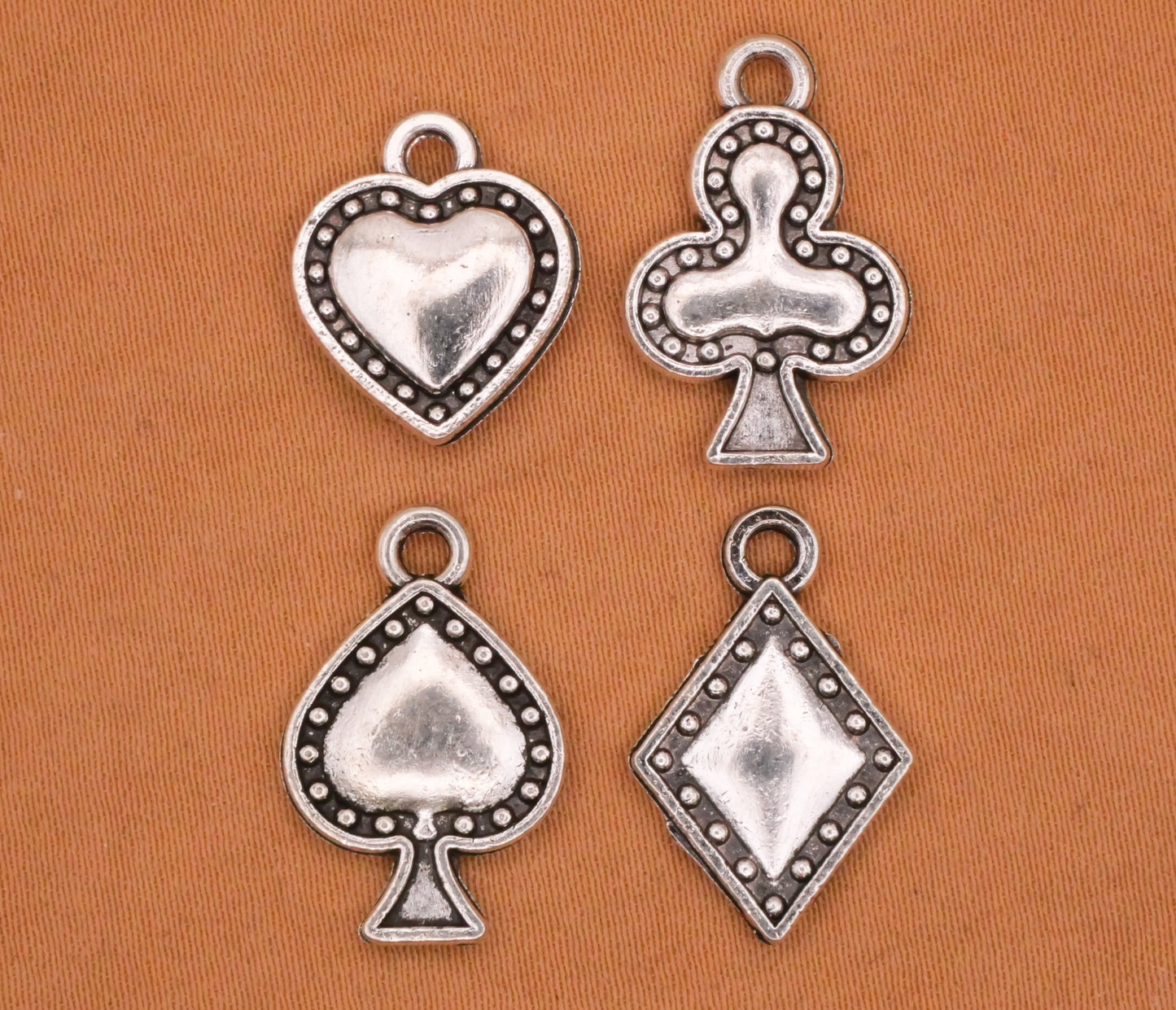 Suits Playing Cards Silver Metal Set of Four Charms Embellishments 12-15mm