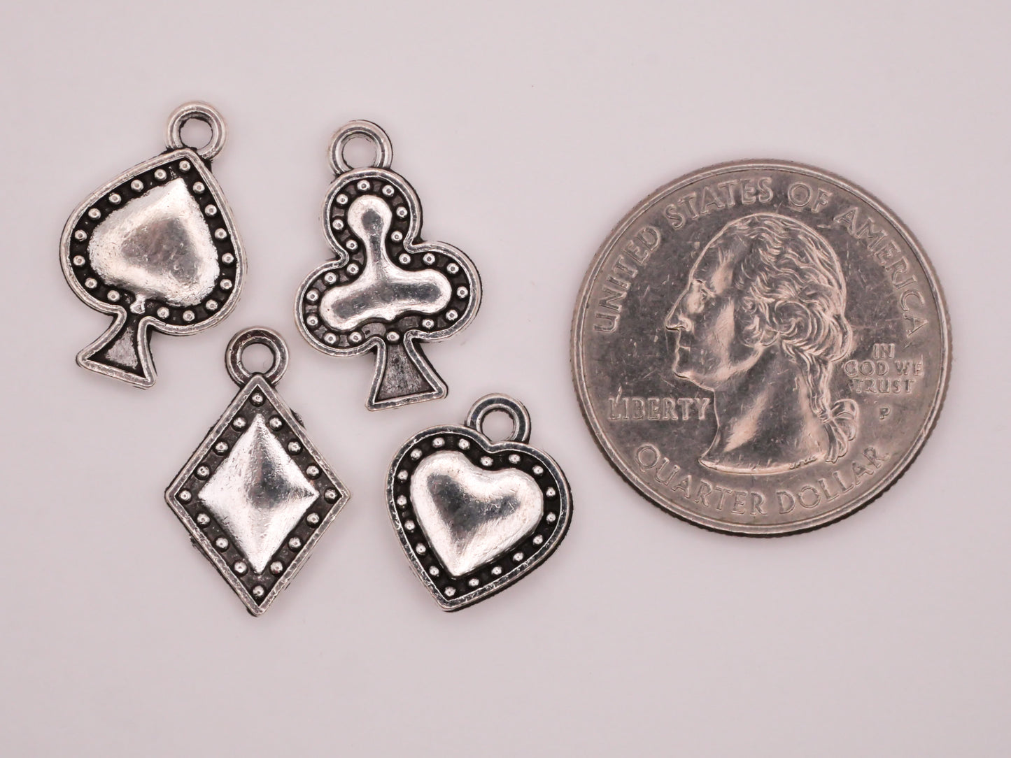 Suits Playing Cards Silver Metal Set of Four Charms Embellishments 12-15mm