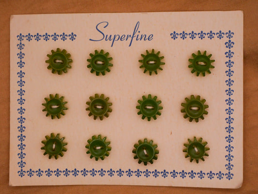 Gears Spokes Green Early Plastic Carded Set of Twelve Buttons 12mm