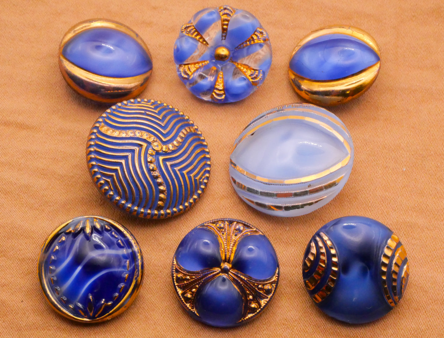 Blue Gold Moonglow Digdug Vintage Glass Button Various 18-23mm