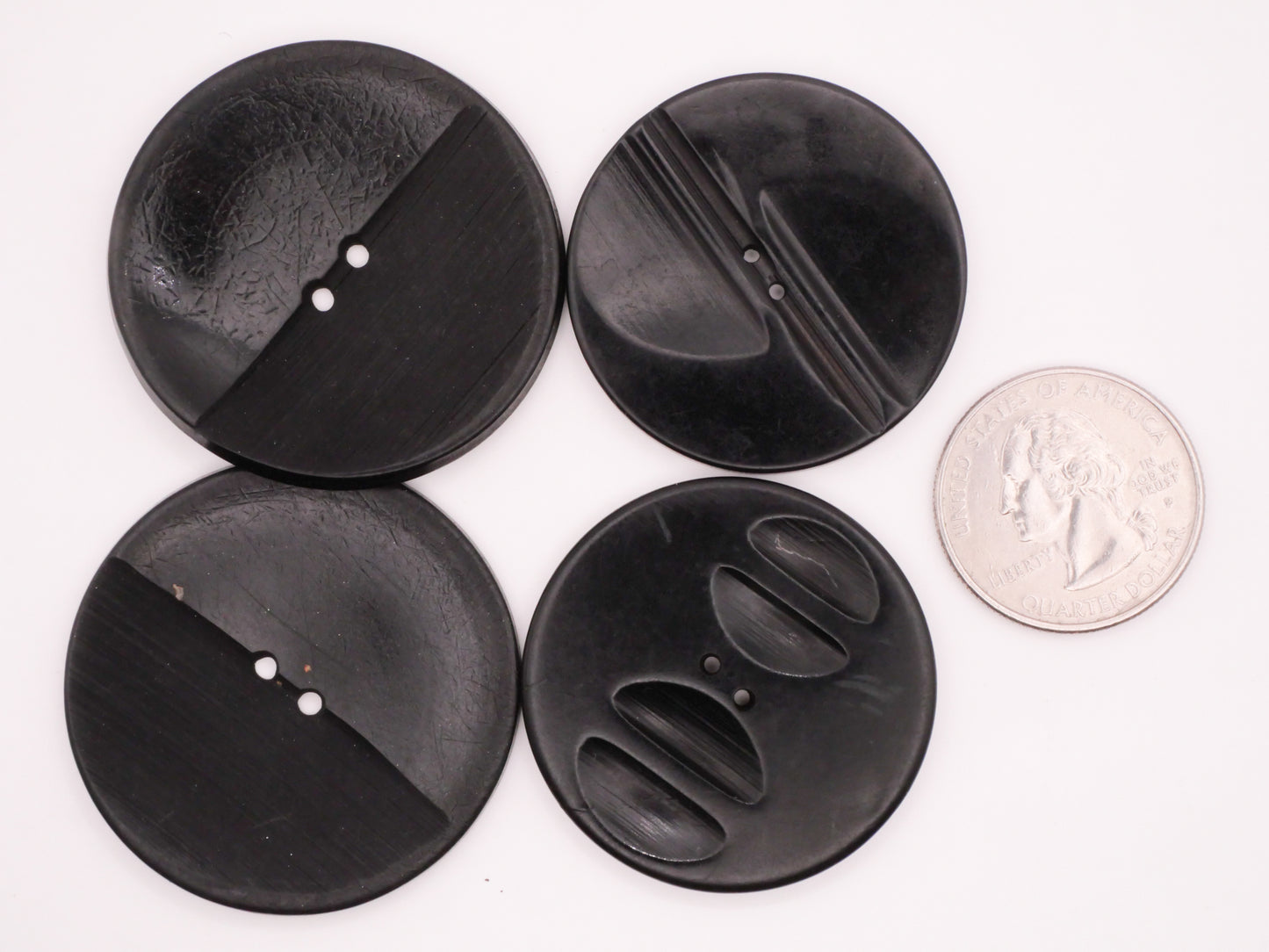 Half Circle Design Vintage Large Black Early Plastic Set of Four Buttons 36-42mm