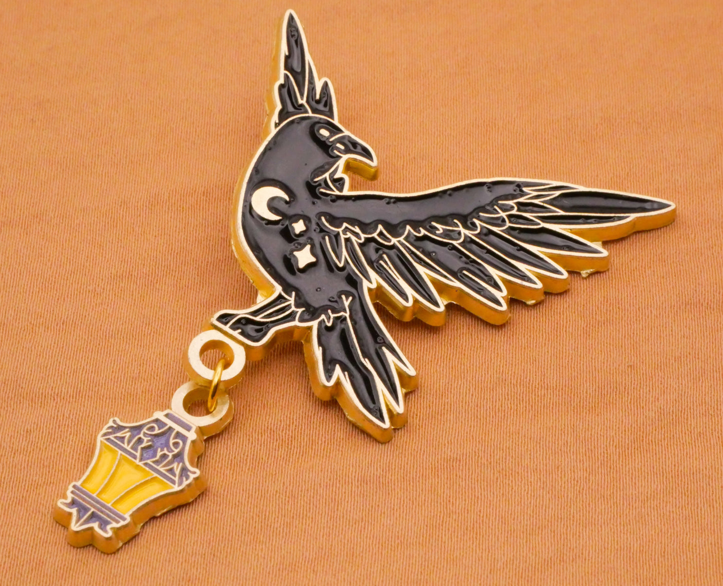 Crow Raven Bird Lantern Moon Moveable Large Enamel Metal Button 41x63mm