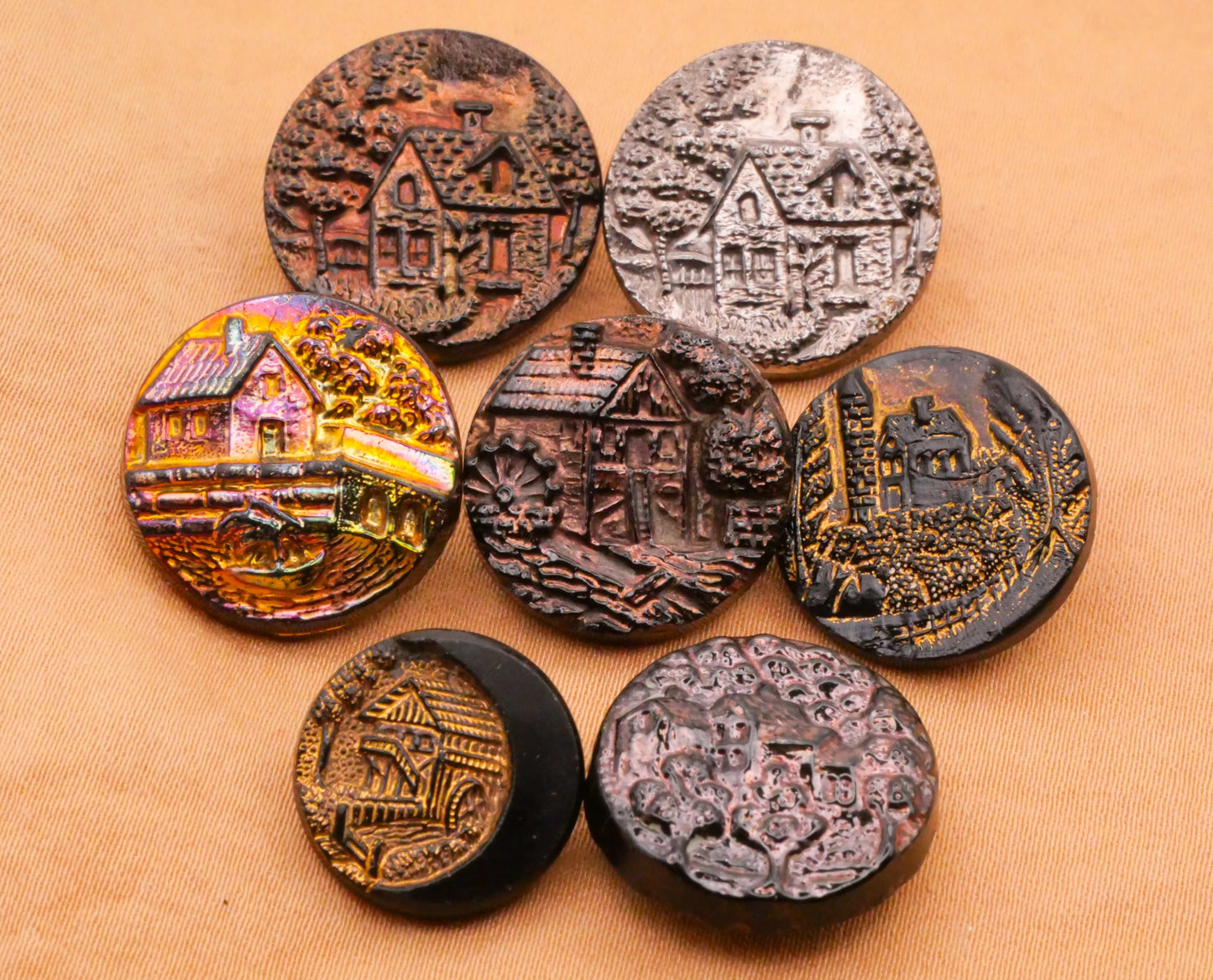 Cottage Farm Landscape Picture Button Luster Black Glass Button Various 15-19mm