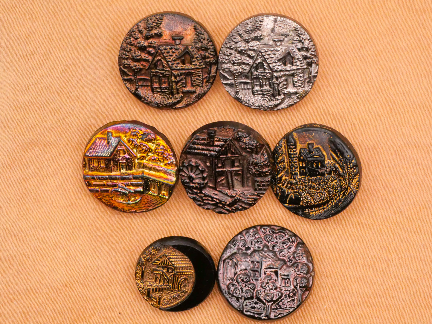 Cottage Farm Landscape Picture Button Luster Black Glass Button Various 15-19mm