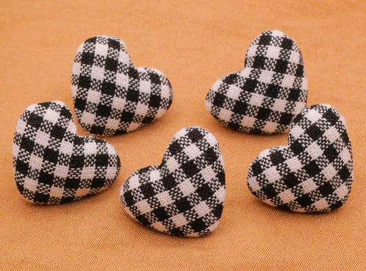 Heart Black White Gingham Check Set of Five Fabric Buttons 15x17mm