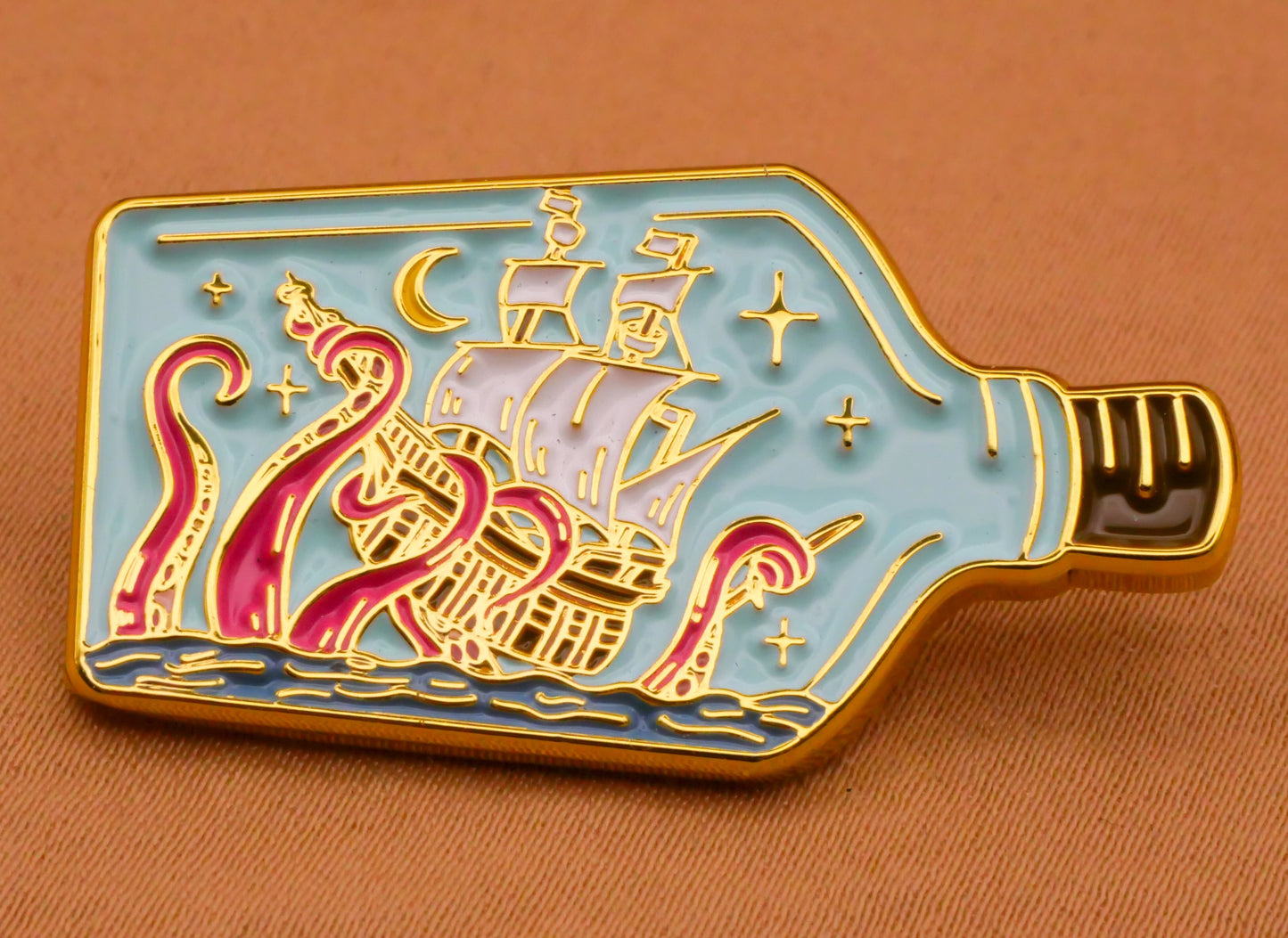 Ship in a Bottle Octopus Enamel Metal Large Button 20x36mm