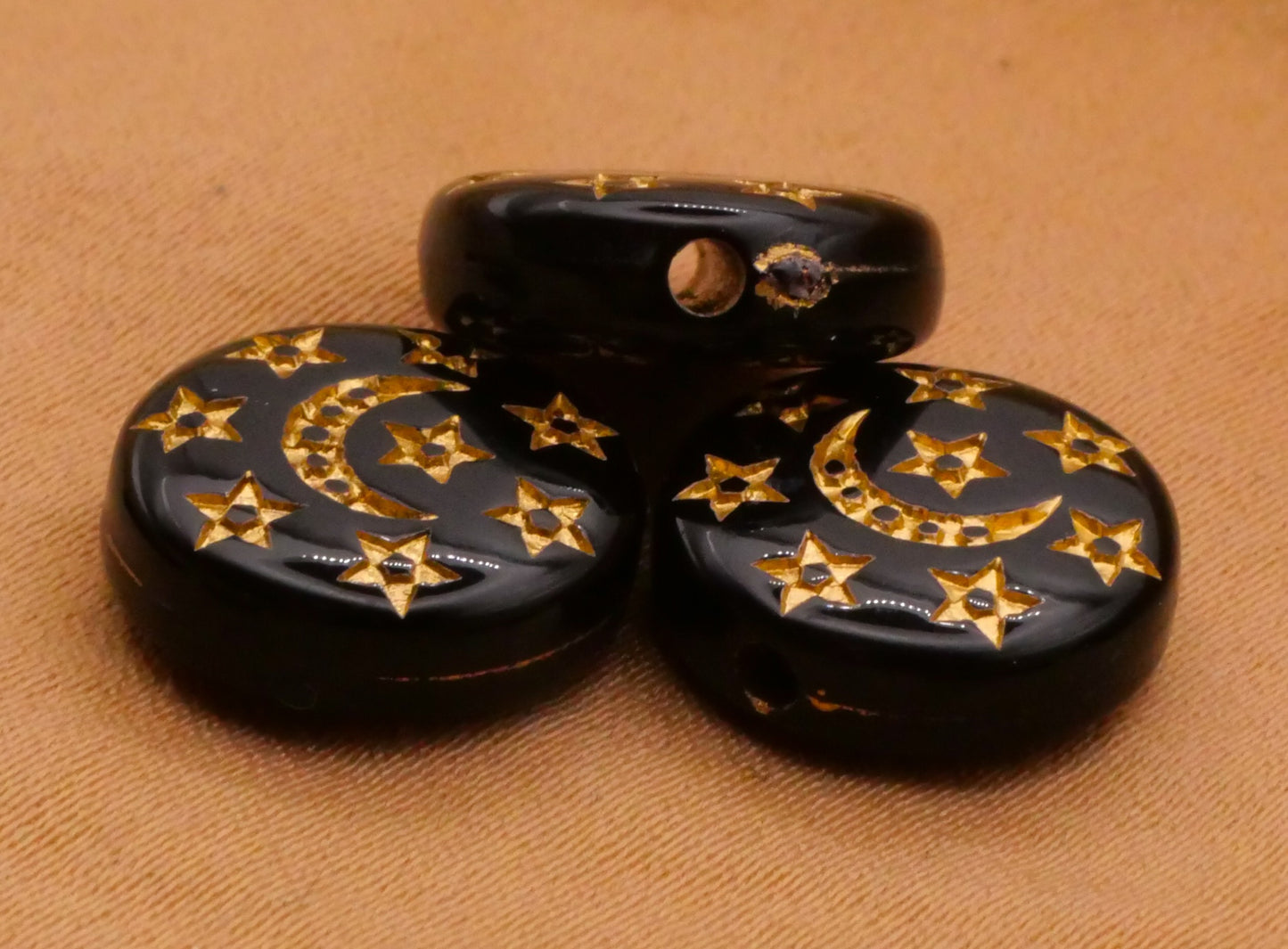 Moon Star Celestial Black Gold Plastic Set of Ten Beads Embellishments 12mm