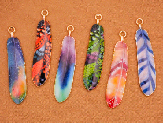 Feather Colorful Metal Assorted Set of Six Charms Embellishments 8x38mm