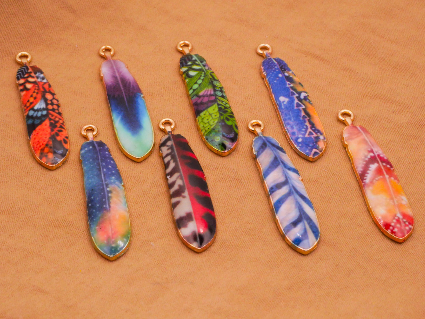 Feather Colorful Metal Assorted Set of Six Charms Embellishments 8x38mm