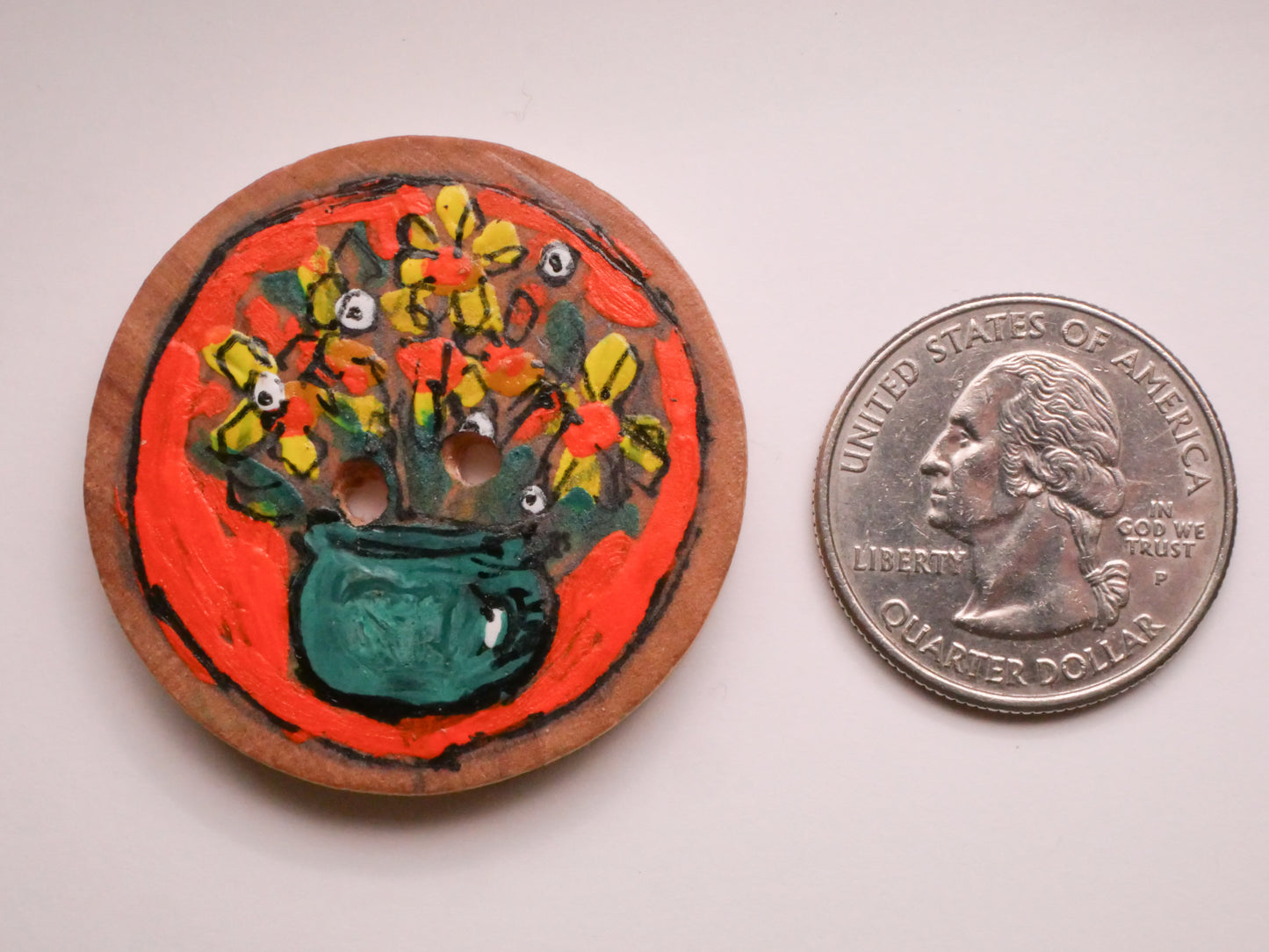 Flower Bouquet Hand-Painted Orange Teal Wood Studio Large Button 38mm