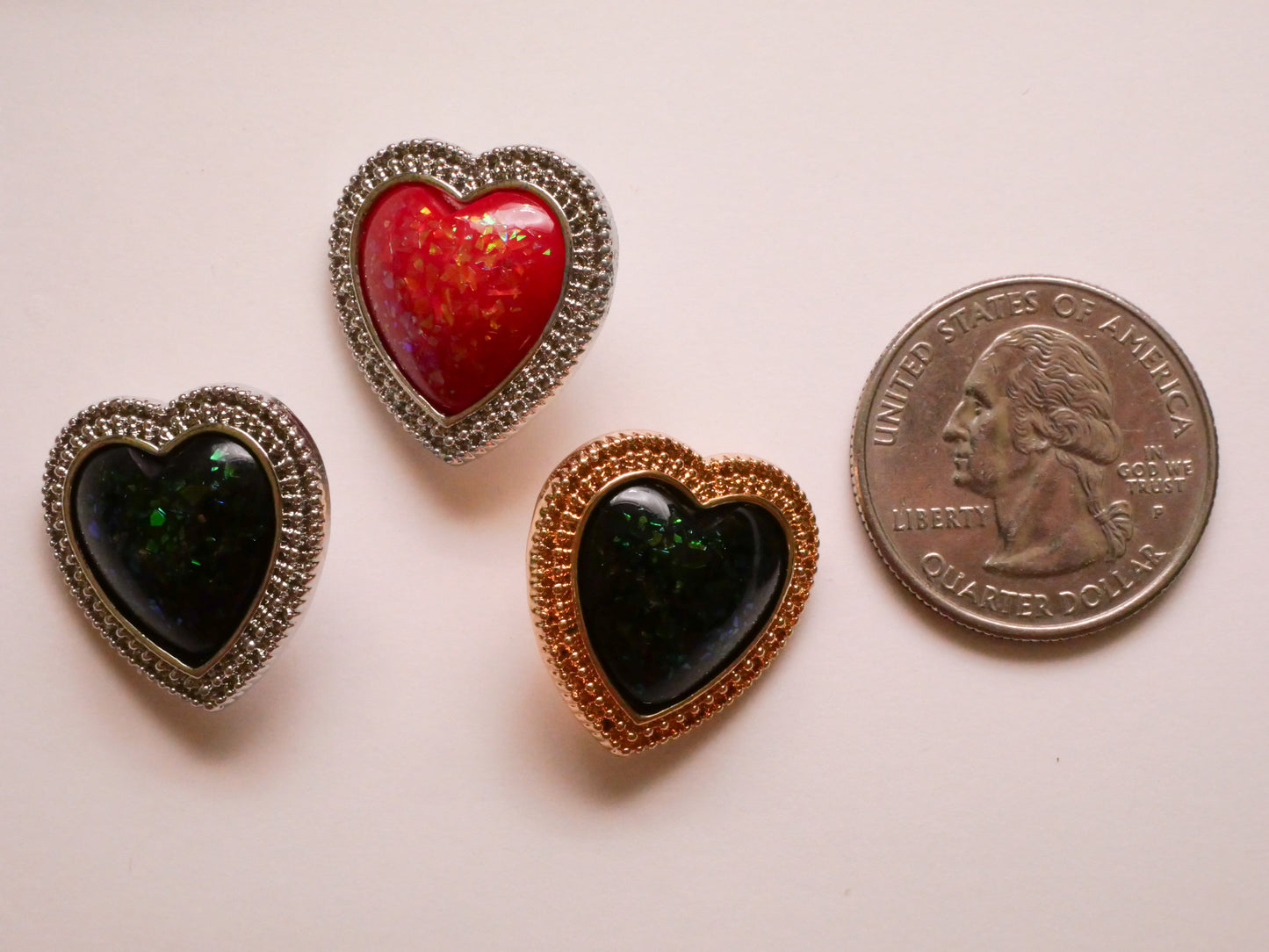Heart Shimmer Glitter Green or Red Meteal Button Various 20mm