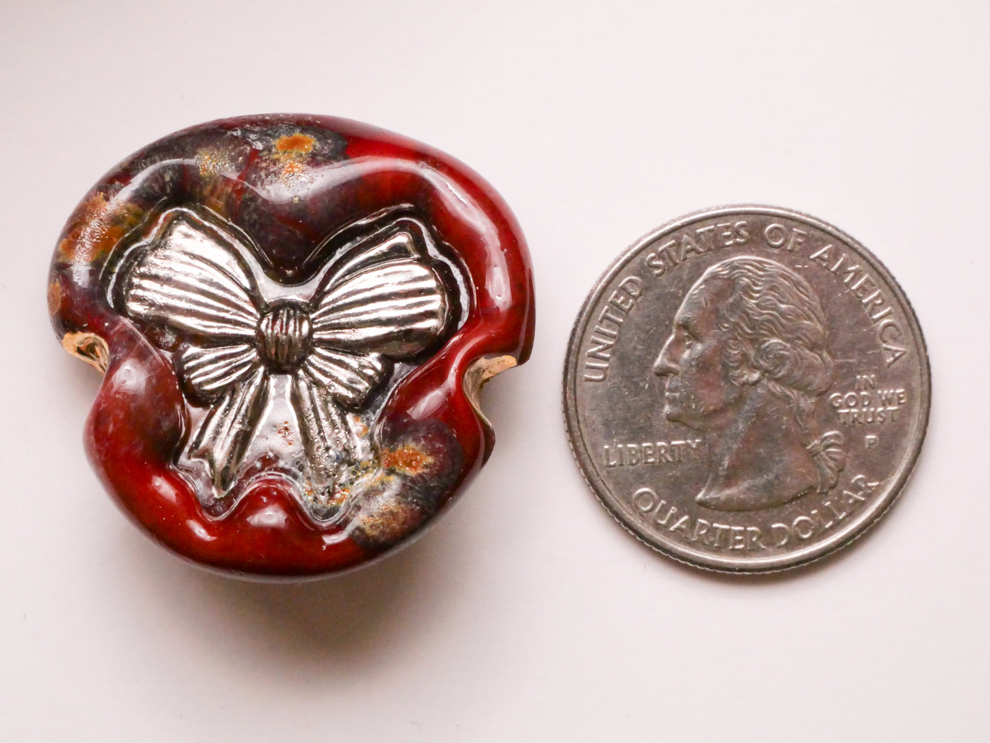 Bow Red Kathy Hoppe Lampwork Glass Studio Button 31mm