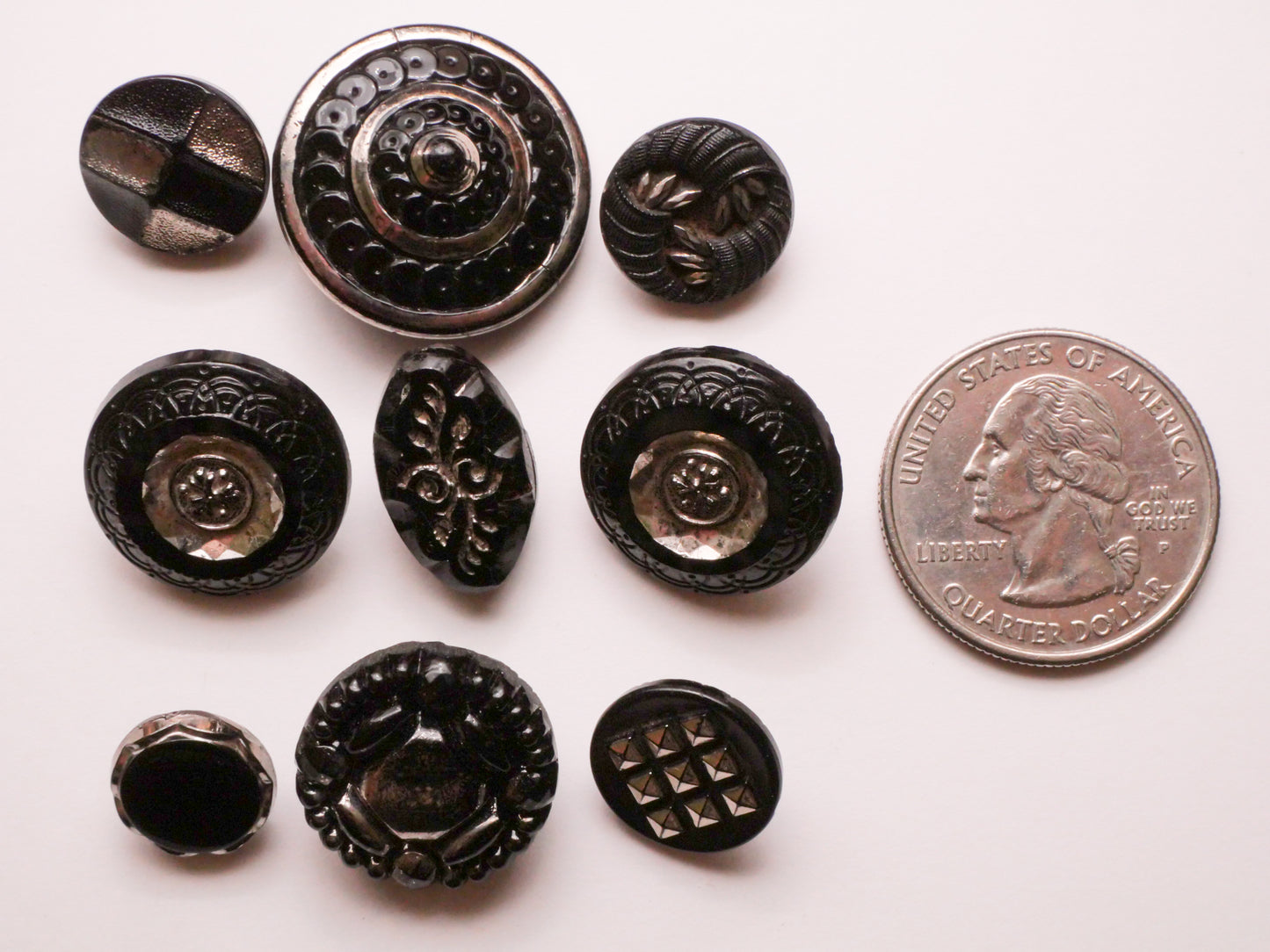 Silver Accent Black Glass Vintage or Antique Button Various 11-23mm