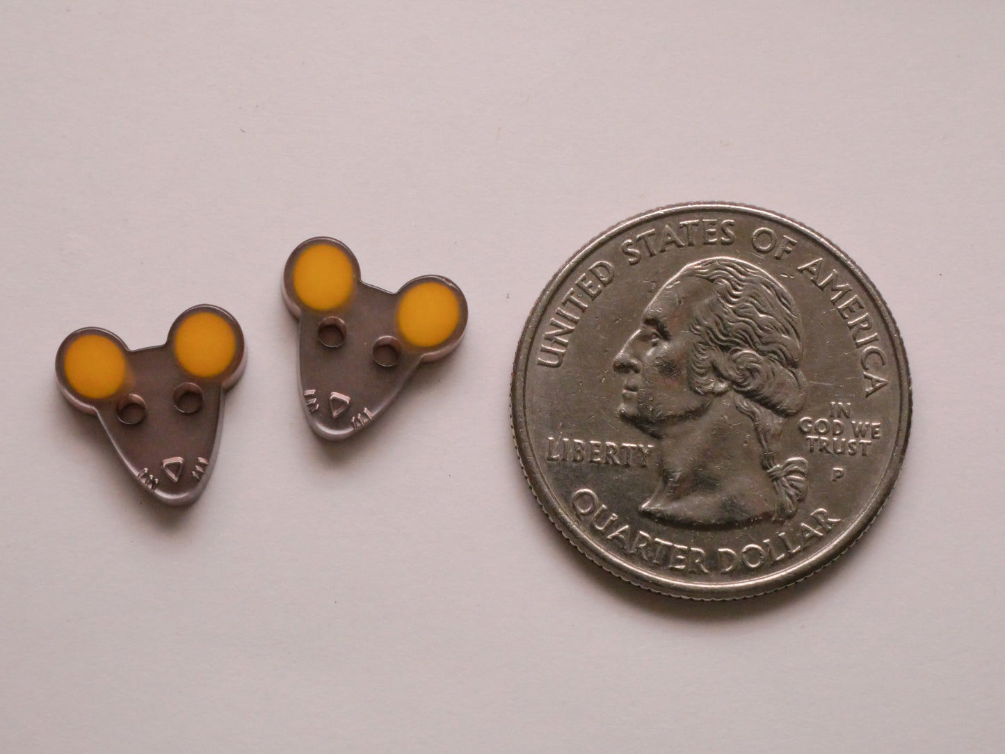 Mouse Mice Grey Yellow Plastic Pair of Buttons 11x12mm
