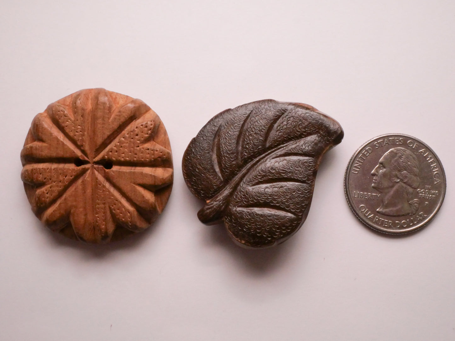 Heart Snowflake or Leaf Carved Wood Vintage Button Various 32-39mm