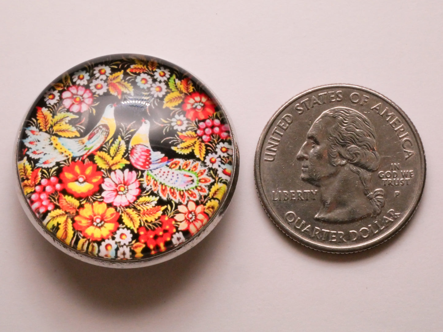 Birds Flowers Ukrainian Folk Art Glass Dome Silver Metal Button 30mm