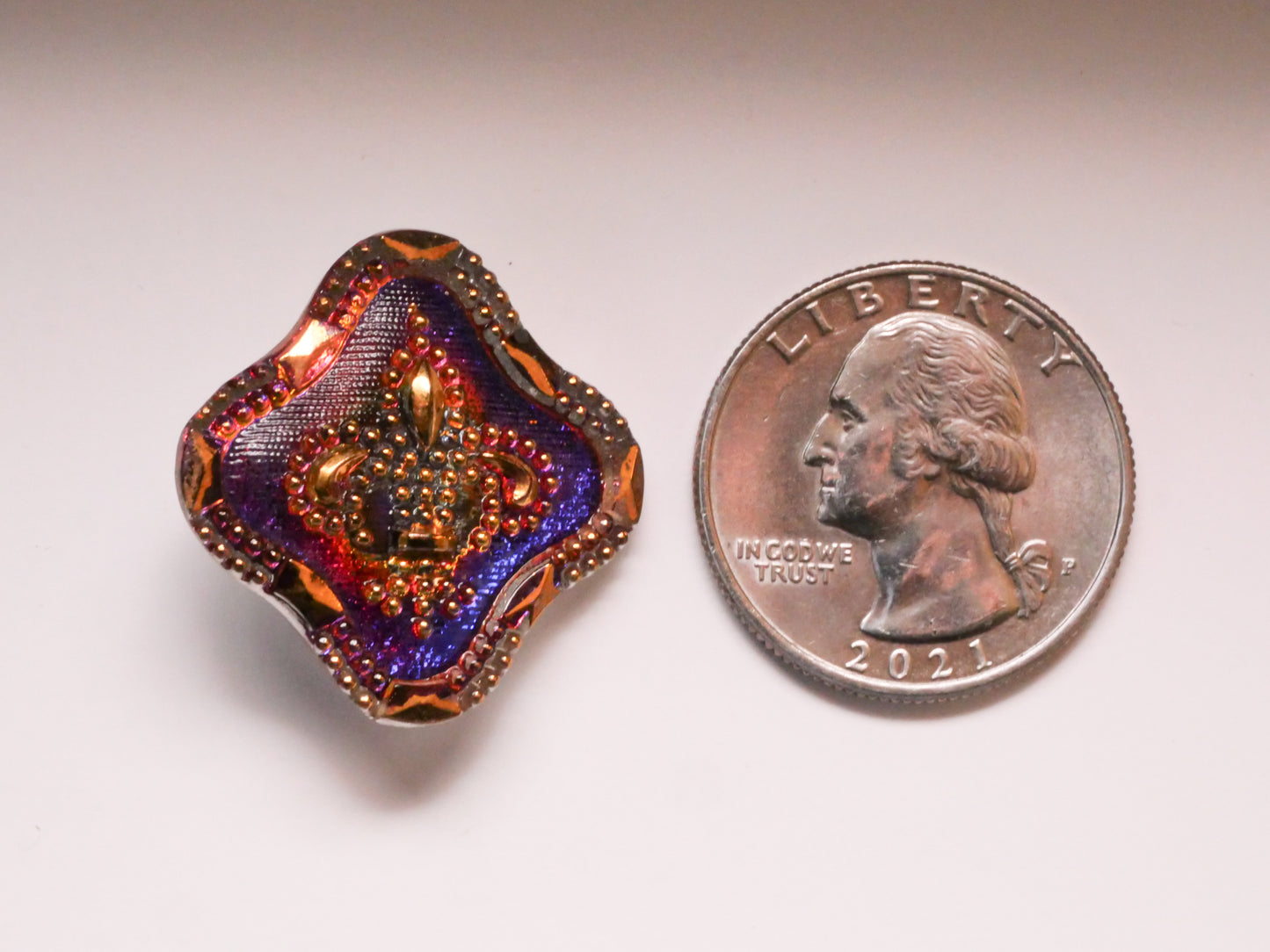 Fleur de Lis Iridescent Diamond Shape Czech Glass Button 27mm