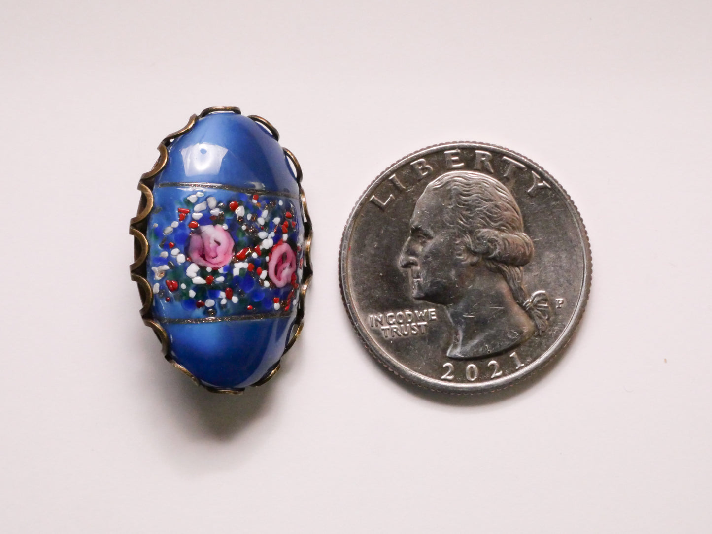 Rose Lampwork Blue Oval Glass Bronze Metal Button 19x27mm