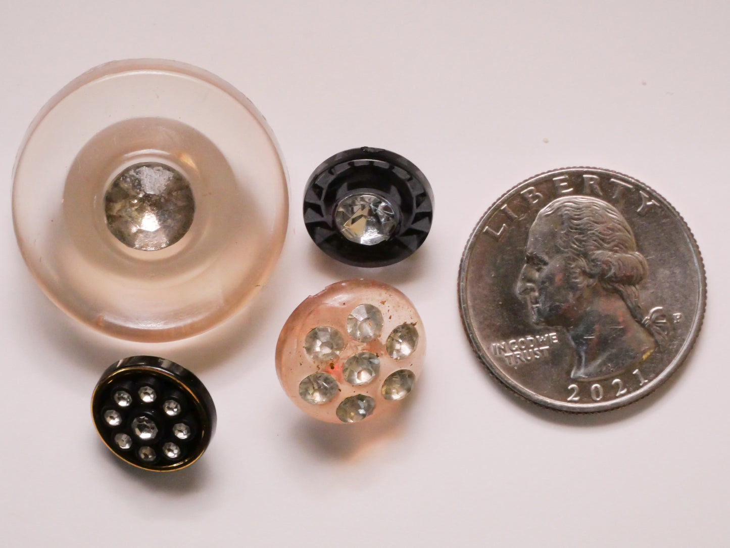 Rhinestone Sparkle Black Clear Vintage Plastic Set of Four Buttons 12-27mm