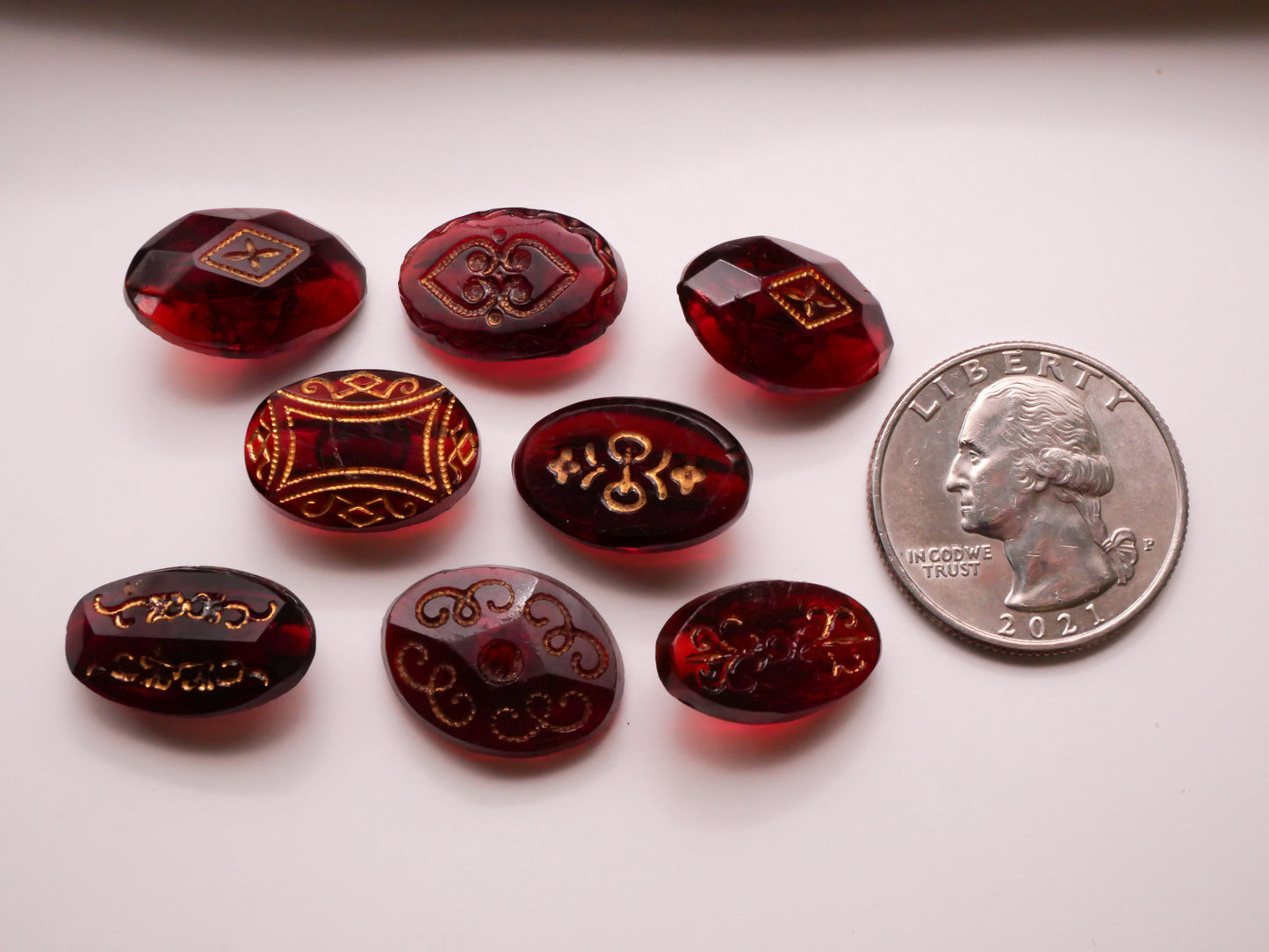 Cranberry Red Translucent Glass Gold Accent Antique Button Various 12-19mm